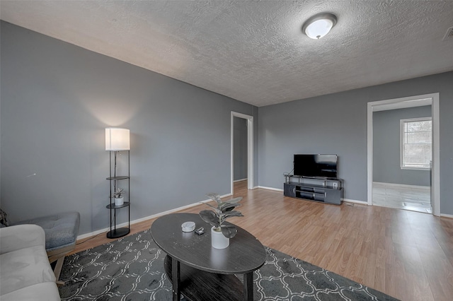 living room with hardwood / wood-style flooring and a textured ceiling