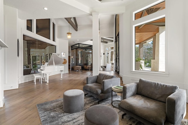 living room with wood-type flooring and beam ceiling