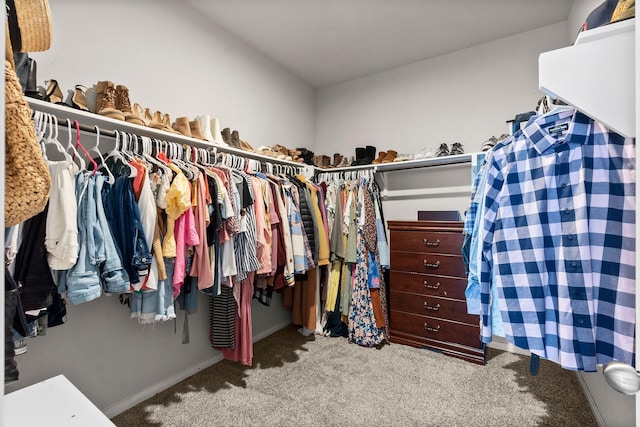 walk in closet featuring light colored carpet