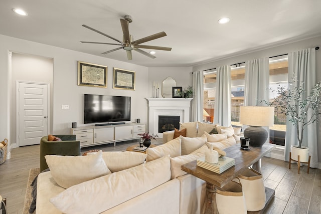 living room featuring wood-type flooring and ceiling fan