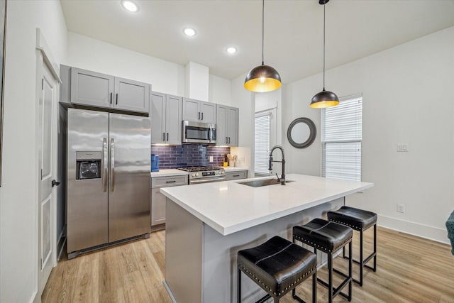 kitchen featuring sink, an island with sink, pendant lighting, stainless steel appliances, and backsplash