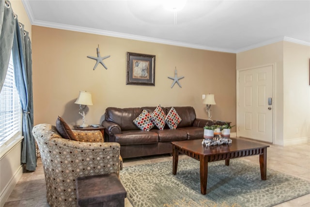 tiled living room featuring ornamental molding