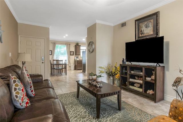 tiled living room with crown molding