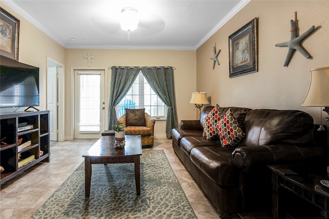 living room with crown molding