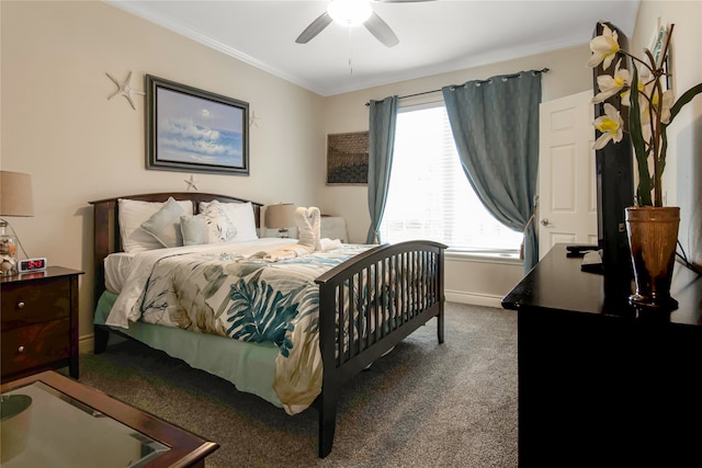 carpeted bedroom featuring crown molding and ceiling fan