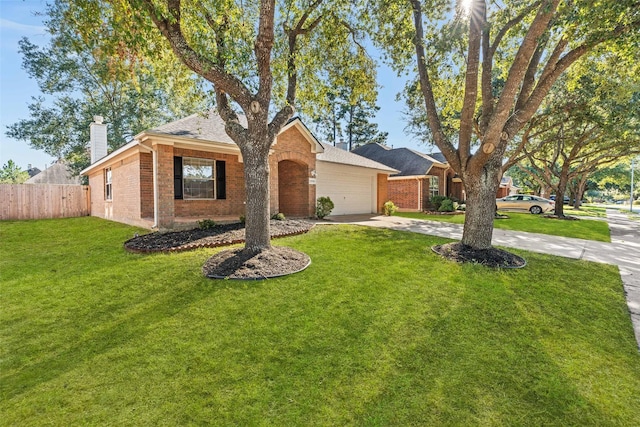 single story home featuring a garage and a front lawn