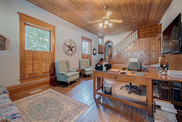 office area with ceiling fan, hardwood / wood-style floors, and wood ceiling