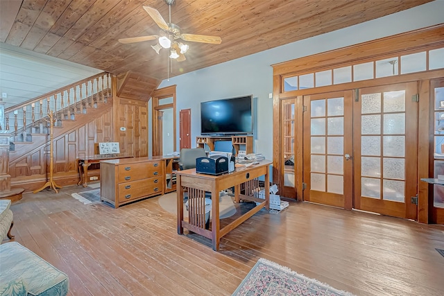 home office featuring ceiling fan, light wood-type flooring, wood ceiling, and french doors