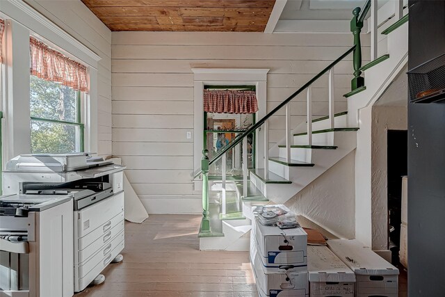 stairs featuring wood ceiling, wood-type flooring, and wood walls