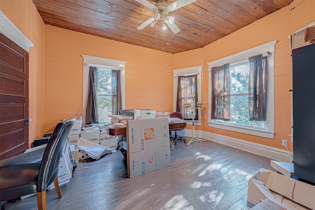 office space with wood ceiling, wood-type flooring, wooden walls, and ceiling fan