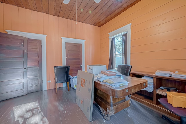 office area featuring wooden ceiling and hardwood / wood-style flooring