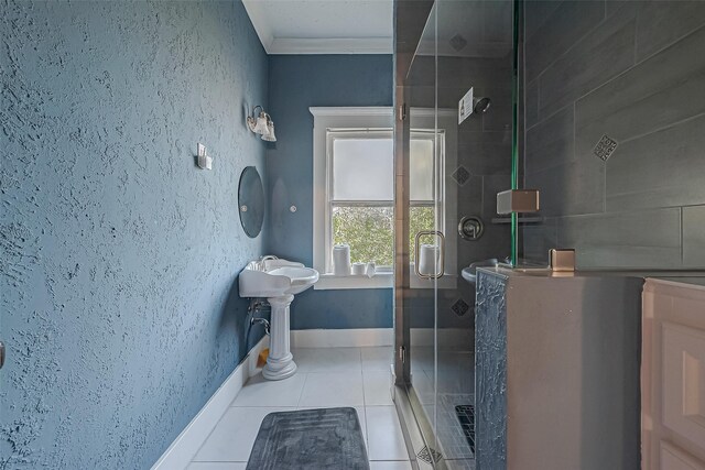 bathroom featuring tile patterned flooring, ornamental molding, and walk in shower