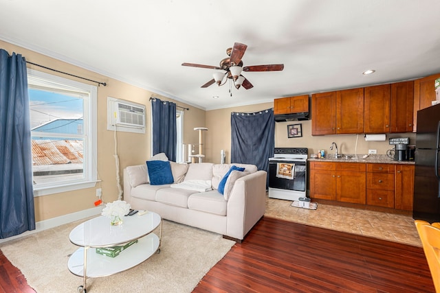 living room with dark wood-type flooring, ornamental molding, a wall mounted AC, and sink