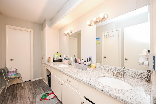 bathroom with wood-type flooring and vanity