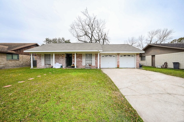 ranch-style home featuring a garage, a front lawn, and covered porch