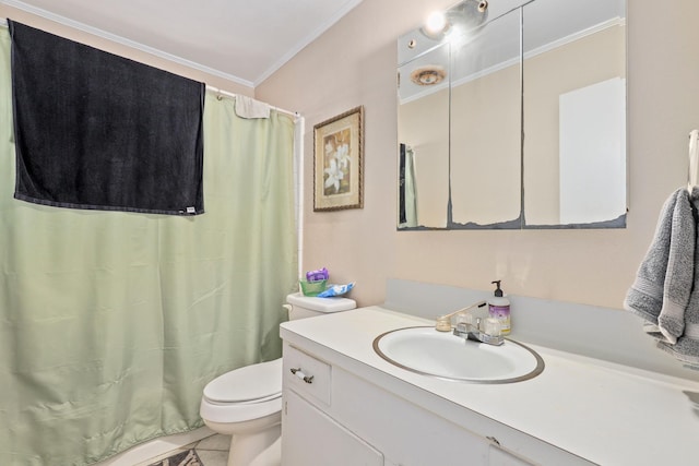 bathroom featuring crown molding, vanity, a shower with curtain, tile patterned floors, and toilet