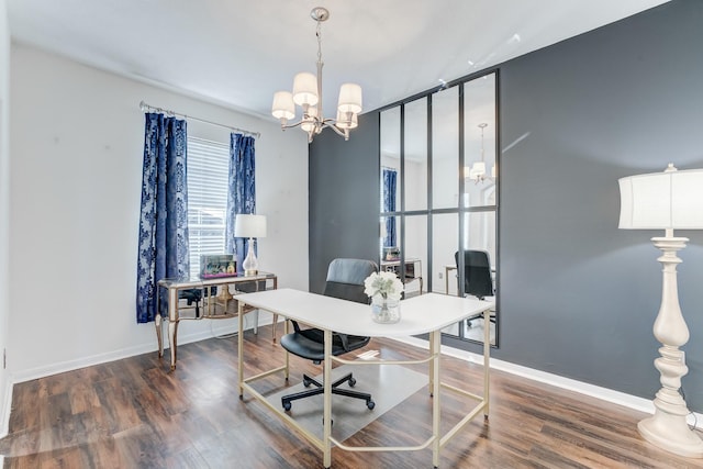 office featuring an inviting chandelier and dark hardwood / wood-style floors