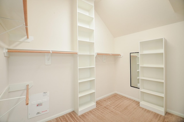 spacious closet with lofted ceiling and light carpet