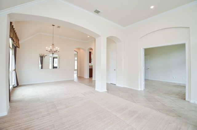 unfurnished room featuring lofted ceiling, a notable chandelier, light carpet, and ornamental molding