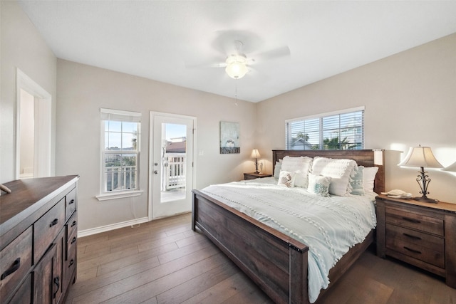 bedroom with dark wood-type flooring, access to exterior, and ceiling fan