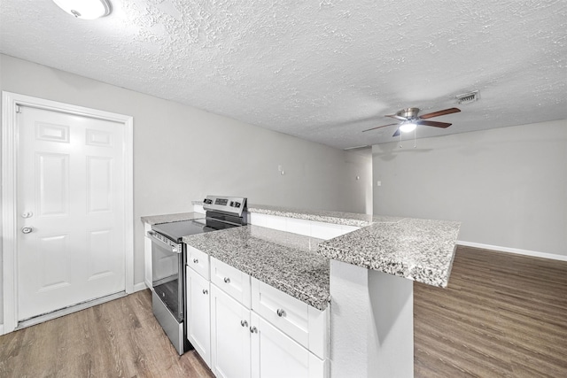 kitchen featuring white cabinetry, wood-type flooring, stainless steel electric range, a textured ceiling, and light stone countertops