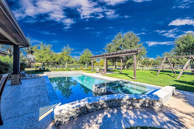 view of swimming pool featuring a playground, a patio, a lawn, an in ground hot tub, and a pergola