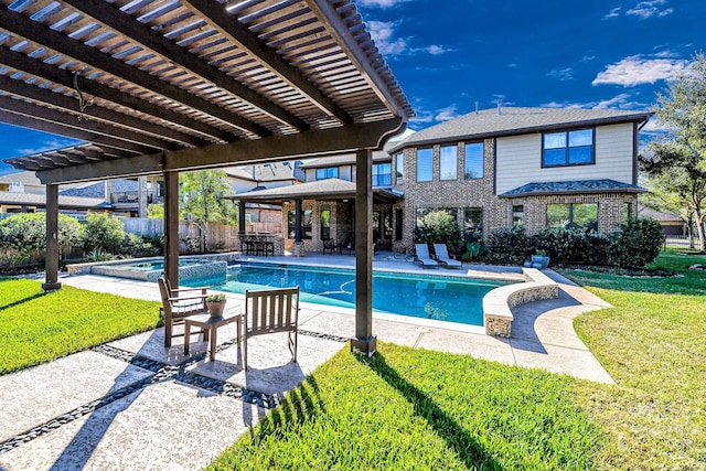 view of swimming pool featuring an in ground hot tub, a pergola, a patio area, and a lawn