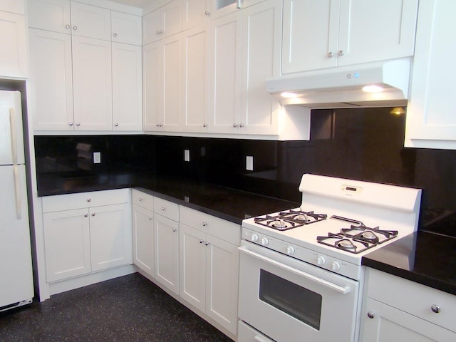 kitchen featuring white appliances, decorative backsplash, and white cabinets