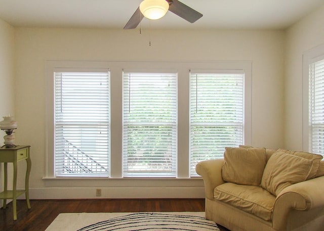 living area featuring ceiling fan and dark hardwood / wood-style flooring