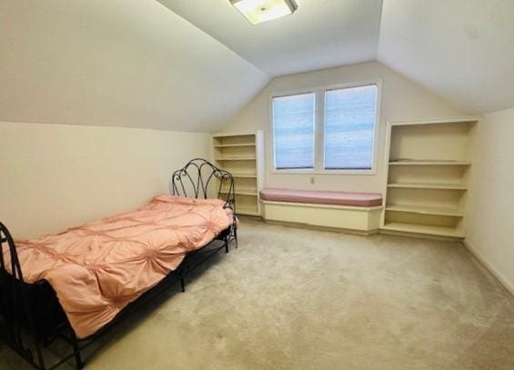 carpeted bedroom with vaulted ceiling