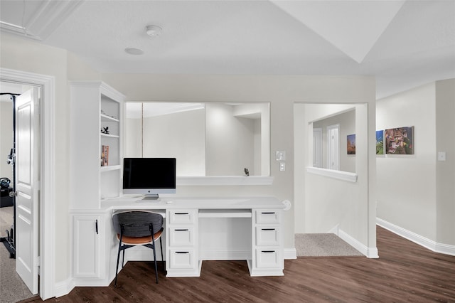 home office with dark hardwood / wood-style flooring and built in desk