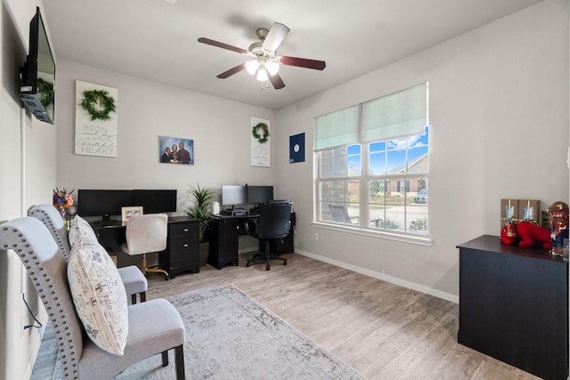 office with ceiling fan and light wood-type flooring