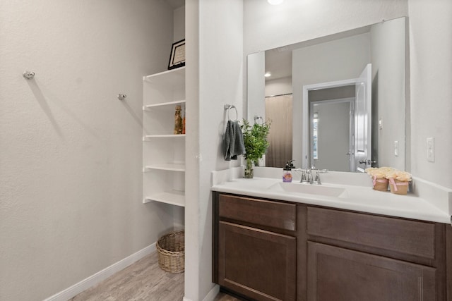 bathroom with vanity and wood-type flooring