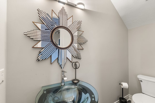 bathroom with lofted ceiling and toilet