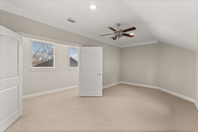 bonus room featuring ceiling fan, vaulted ceiling, and light carpet