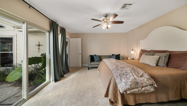 bedroom featuring ceiling fan, access to exterior, and light colored carpet