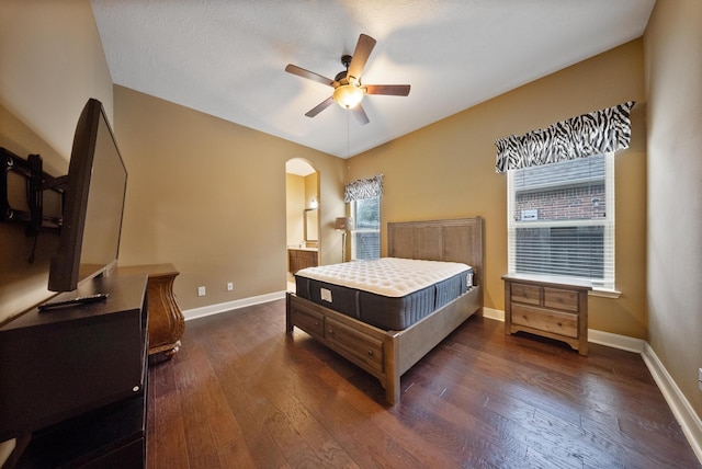 bedroom featuring dark wood-type flooring and ceiling fan