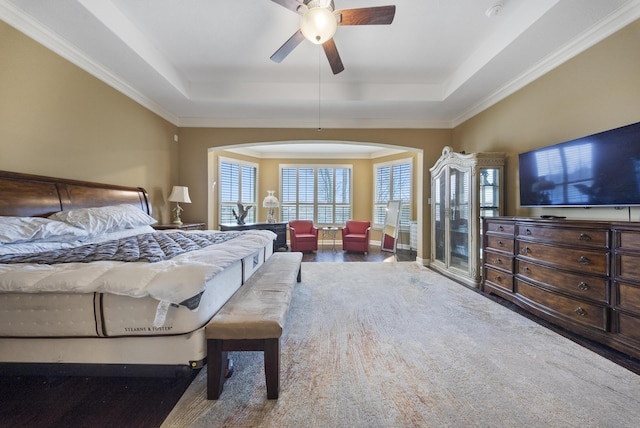 bedroom with a raised ceiling, crown molding, and ceiling fan