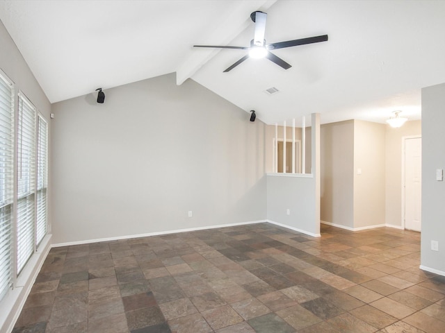 unfurnished room with lofted ceiling with beams and ceiling fan