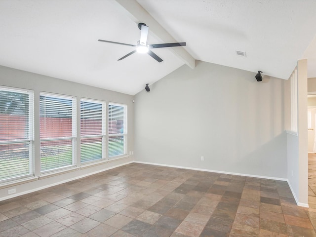 unfurnished room with vaulted ceiling with beams and ceiling fan