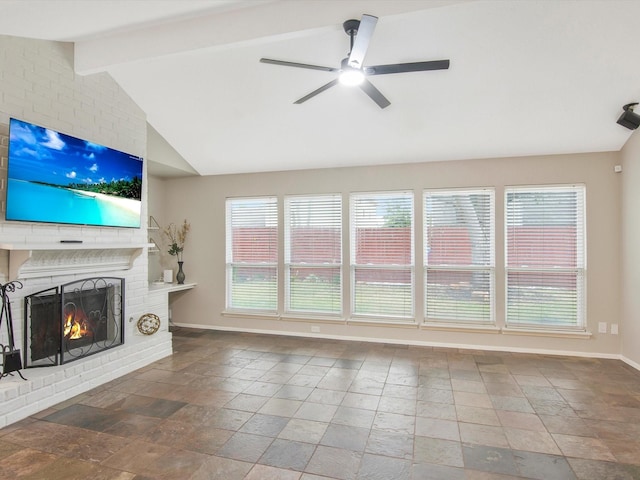 unfurnished living room featuring ceiling fan, a fireplace, and vaulted ceiling with beams