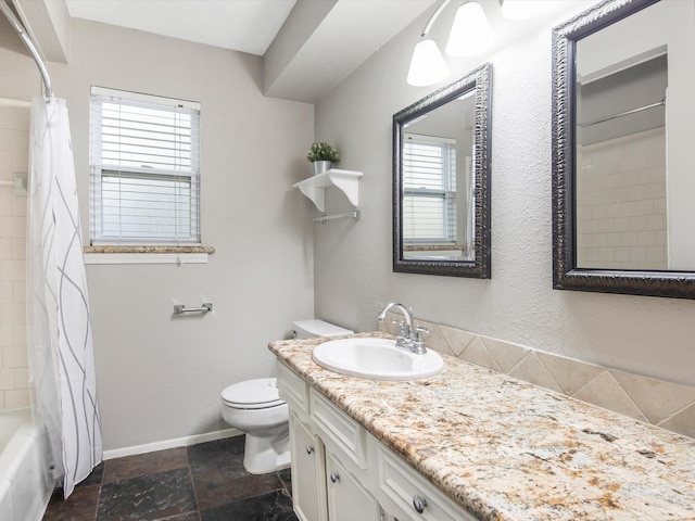 full bathroom featuring shower / bathtub combination with curtain, vanity, toilet, and a healthy amount of sunlight