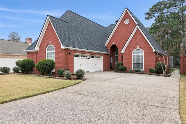 view of property featuring a garage and a front lawn