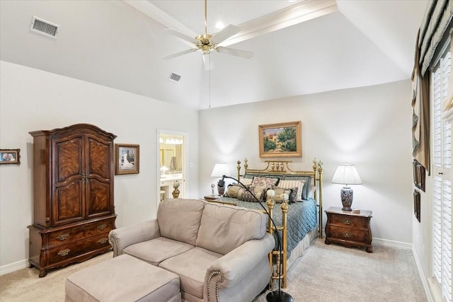 carpeted bedroom with lofted ceiling, ensuite bath, and ceiling fan