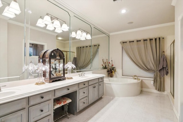 bathroom with ornamental molding, separate shower and tub, tile patterned flooring, and vanity