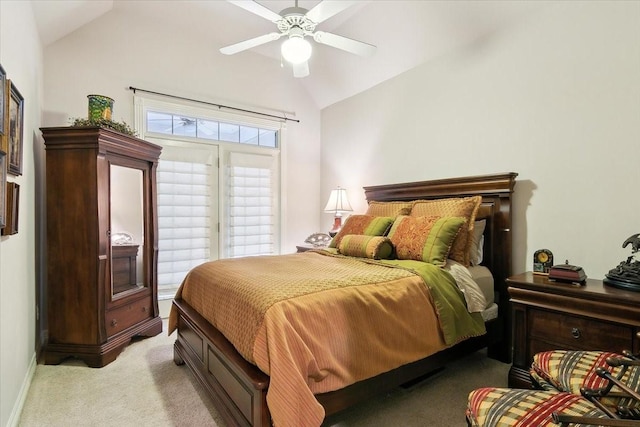 bedroom with light carpet, vaulted ceiling, and ceiling fan