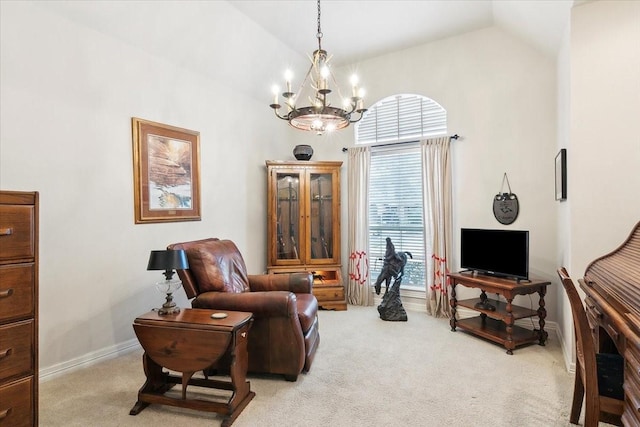 living area featuring lofted ceiling, light carpet, and a chandelier