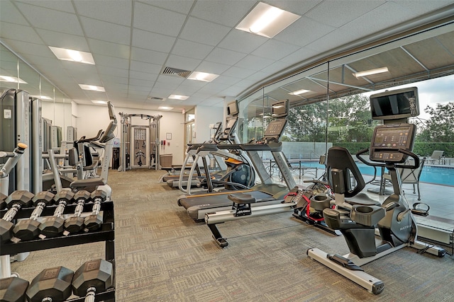 gym with carpet flooring and a paneled ceiling