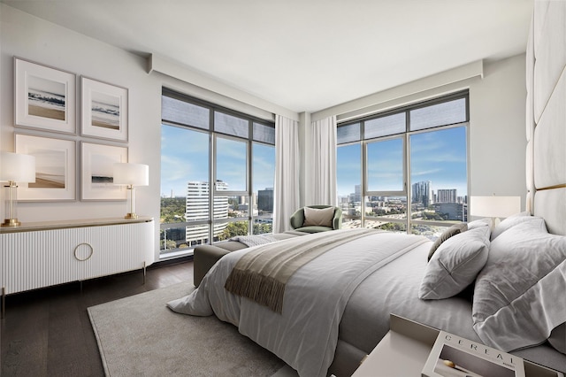 bedroom with multiple windows, radiator heating unit, and dark hardwood / wood-style floors