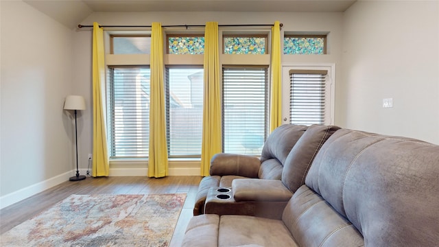 living room with vaulted ceiling, a wealth of natural light, and light hardwood / wood-style floors